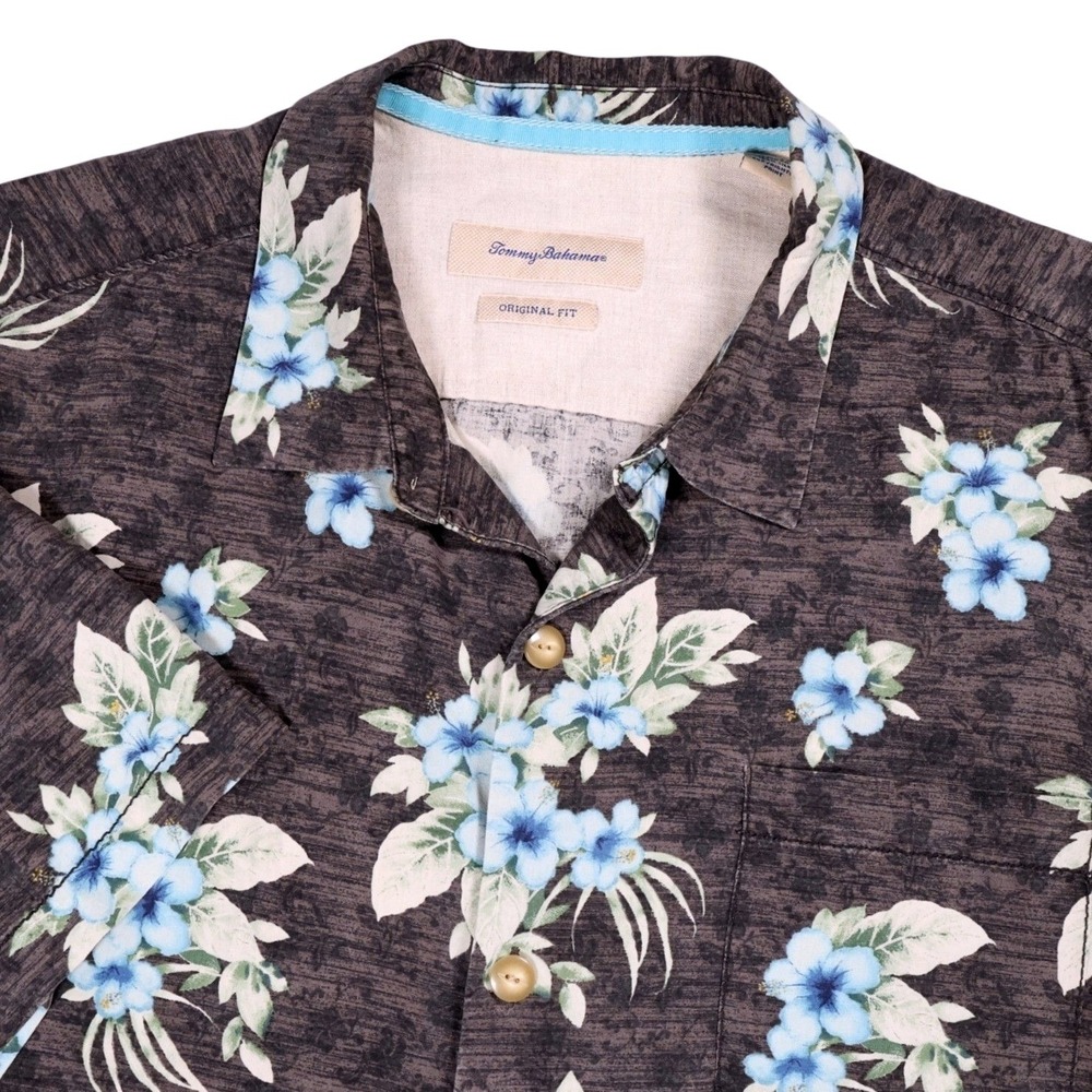 Tommy Bahama Floral Silk Button Down Shirt Grey Short Sleeve Mens XL